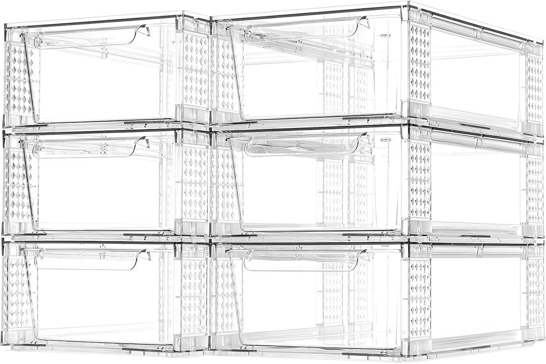 6 Pack Clear Stackable Storage Drawers, 3.95" H Easily Assemble Acrylic Organizer Bins - Multi-Use for Make up, Closet, Pantry, Bathroom, Medicine, Kitchen Cabinet & Undersink Organization