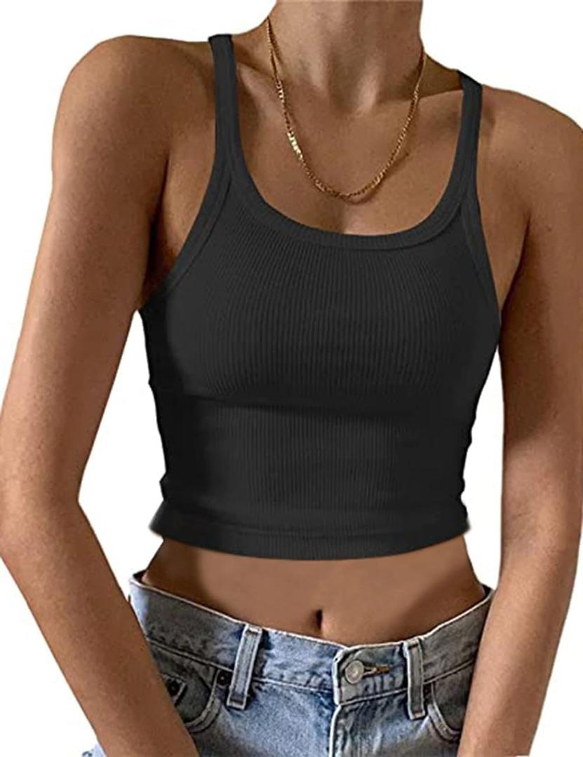95% Cotton Ribbed Crop Tank Tops for Women Racerback Scoop Neck Slim Fitted Basic Cropped Tank Top (Small, 1# Short Black)
