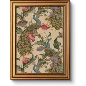 Vintage Golden Framed Canvas Wall Art Peacock, Classic Vine With Poppies Floral Canvas Print Wall Decor, Bird Art Print Wall Hanging 12x16 inch, for Bedroom Bathroom Living Room Decor
