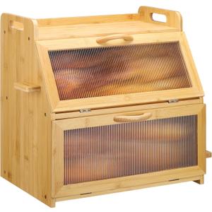 GLOKUUCA Bread Box for Kitchen Countertop, Large Bread Storage Container for Homemade Bread, Bamboo Farmhouse Organizers, Double Layer Bread Bin with Acrylic Window Holder, Natural