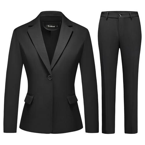 TRONSTORE Women's Business Solid Suit 2 Piece Slim Fit Classic Blazer Pants Set for Women Formal Office, Black, L