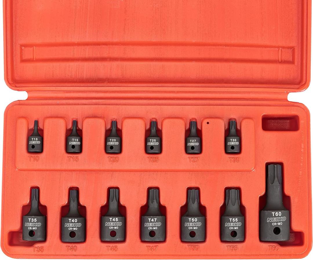 NEIKO 10281B Impact Torx Bit Socket Set, 1/4", 3/8" and 1/2" Drive, 6 Point Star Sockets, Heavy Duty Impact Grade Cr-Mo, T10 to T60 High Impact, Professional Grade Auto & Motorcycle Mechanic Socket