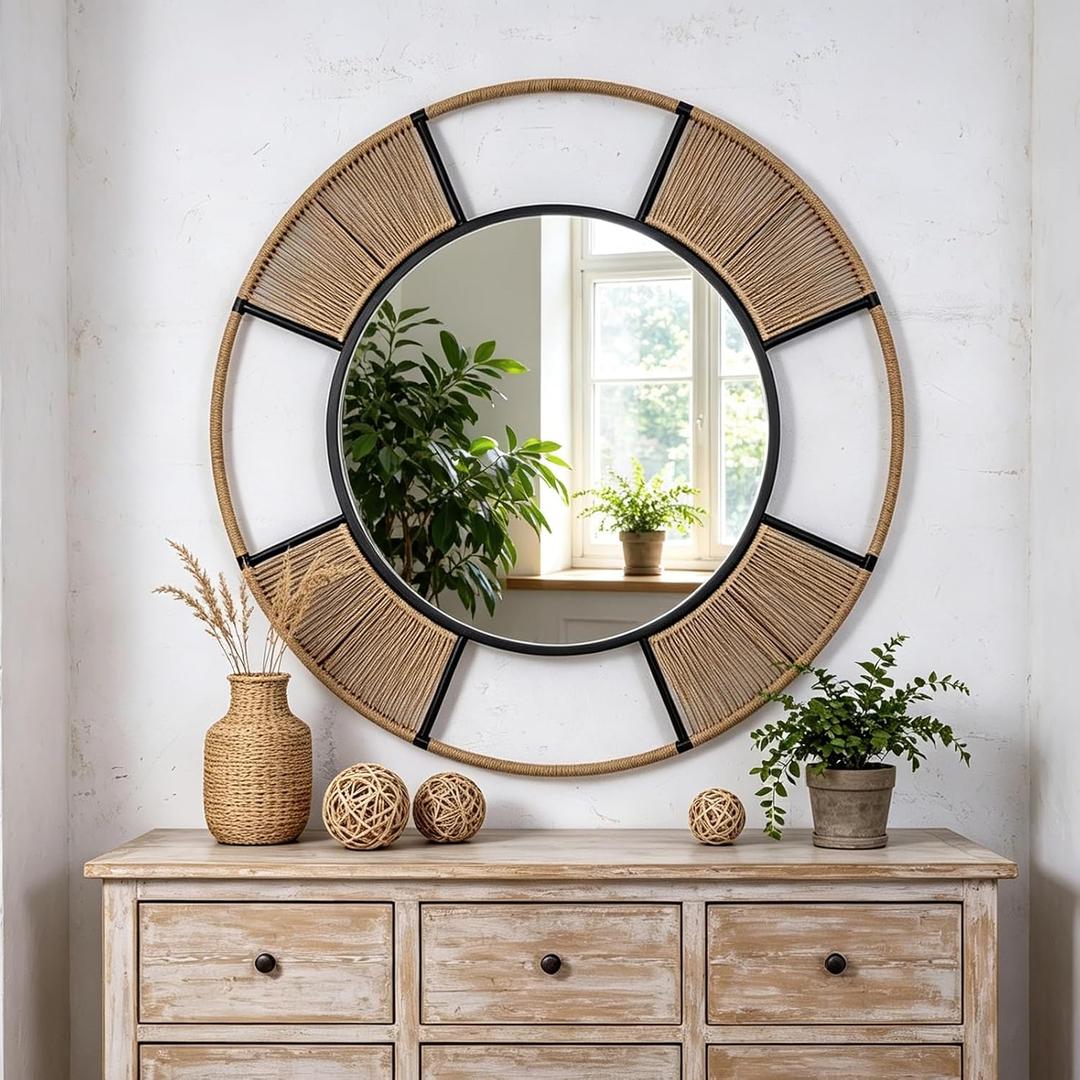 42'' Coastal Large Round Rope Mirror, Nautical Mirror with Detachable Rattan & Black Metal Frame, Farmhouse Mirrors for Rustic Boho Bathroom, Bedroom, Living Room, or Entryway