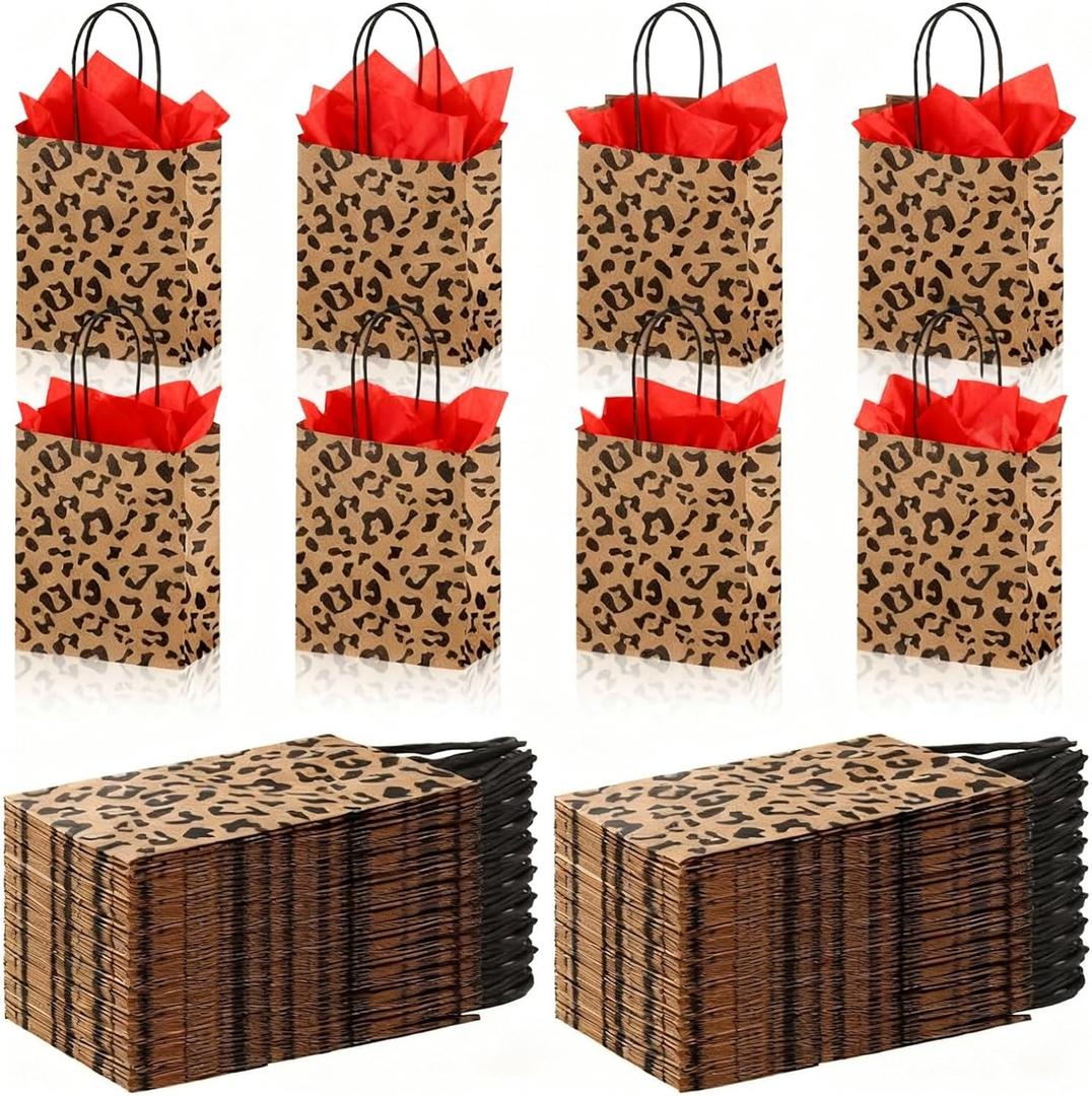Tinlade 16 Pcs Cheetah Print Gift Bags Leopard Print Small Paper Goodies Bags with Handle Jungle Safari Party Favor for Kids Wild Life Animal Birthday Baby Shower Decorations Supplies, Without Tissue
