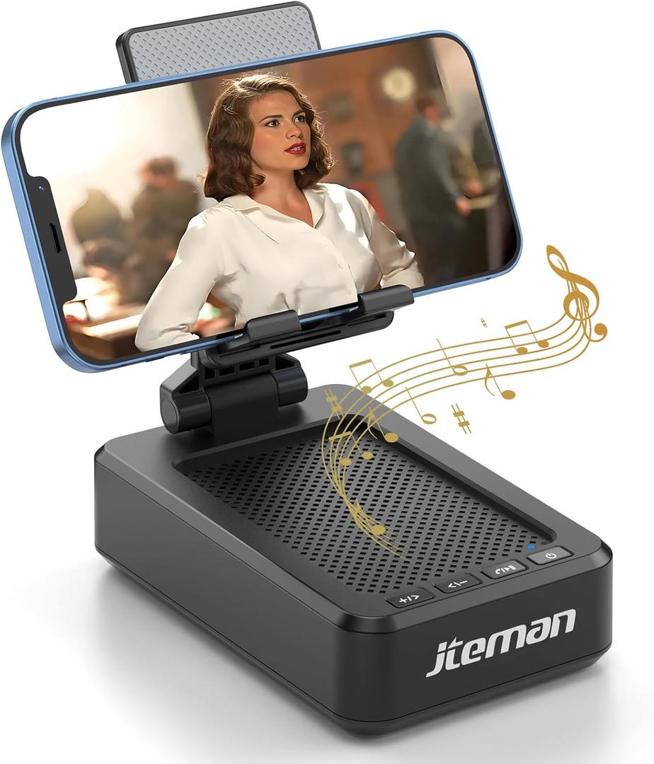 Cell Phone Stand with Wireless Bluetooth Speaker and Anti-Slip Base HD Surround Sound Perfect for Home and Outdoors with Bluetooth Speaker for Desk Compatible with iPhone/ipad/Samsung Galaxy (Black)
