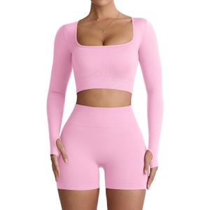 Niipty Two Piece Workout Set for Women Long Sleeve Top Matching High Waist Scrunch Butt Shorts Gym Sets Yoga Outfits Sets - Pink S