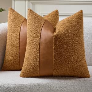 Pack of 2 Faux Leather Boucle Throw Pillow Covers 18"x18" Golden Brown Chic Accents Textured Square Decorative Pillow Cases for Living Room Couch Bed Farmhouse Boho Home Decor