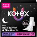 Kotex Ultra Thin Overnight Pads with Wings, Extra Heavy Absorbency, 34 Count 