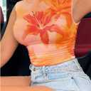 Women's Y2K Floral Graphic Ruched Tank Top Mock Neck Sleeveless Fitted Crop Tops (L)