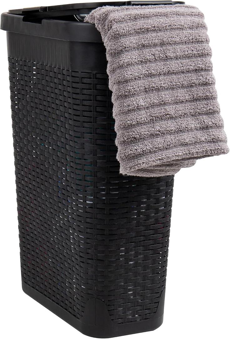 Mind Reader Slim Laundry Hamper with Lid, 40L Clothes Basket, Narrow Tapered Design with Ventilated Cutout Pattern, Plastic, Black, Single