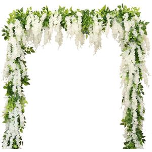 Wisteria Artificial Flowers Garland, 2Pcs 7.2Ft/Piece Silk Fake Wisteria Vine Kit, Hanging Flower for House Outdoor Garden Ceremony Outside Wedding Arch Floral Decor (2, White)