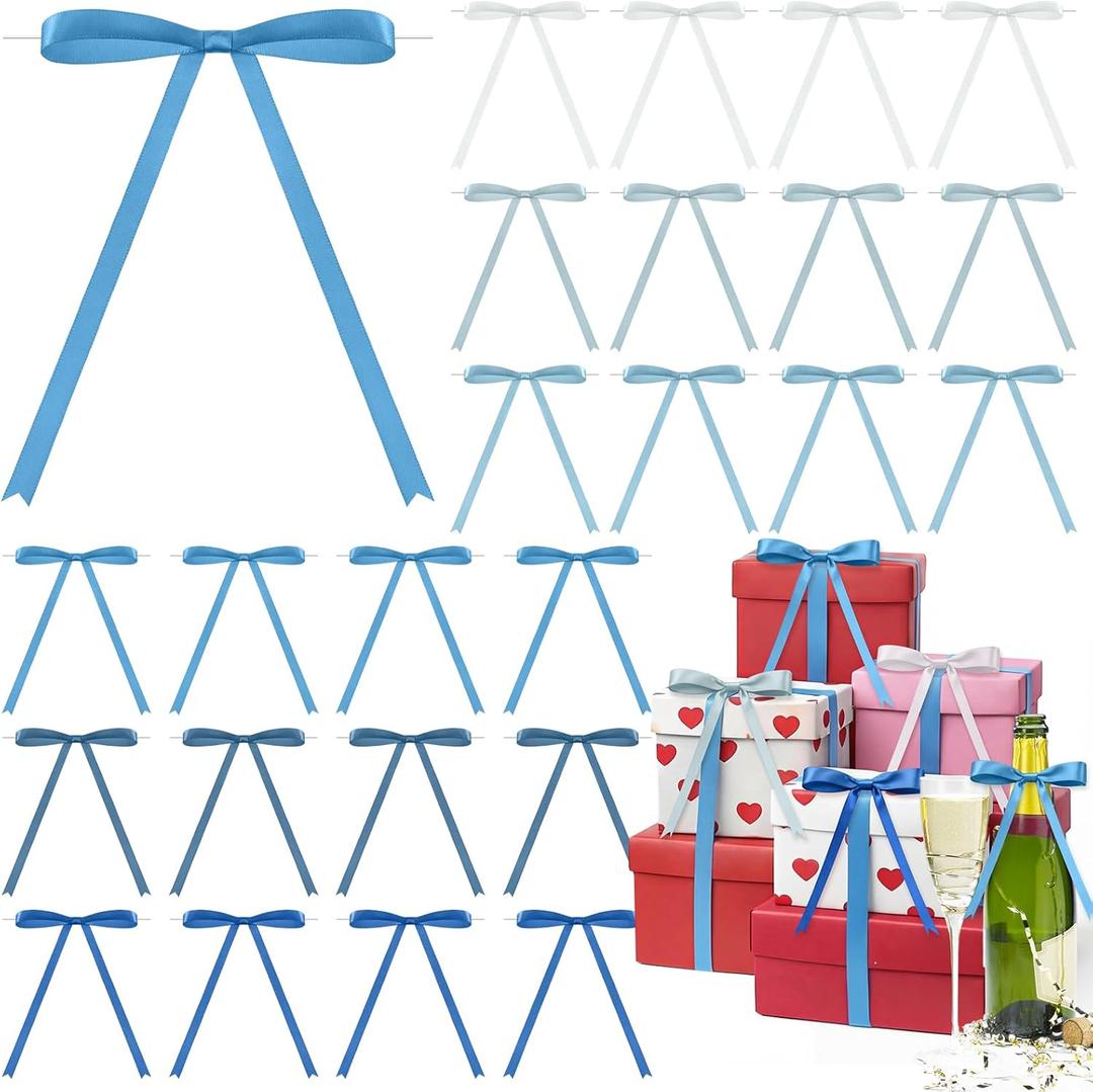 72 Pcs Blue Bows for Gift Wrapping, 5 x 7 Inch Satin Ribbon Twist Tie Bows, Craft DIY Gift Treat Bags Box Decorations for Birthday Wedding Party