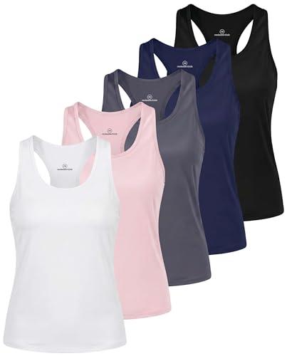 Real Essentials 5 Pack: Women's Dry Fit Crop Tank Tops Racerback Workout Athletic Gym Sleeveless Yoga Pilates Cropped- Set 3, M