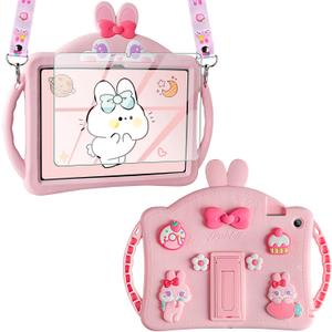 VOFUOE for Samsung Galaxy Tab A9 Plus Case for Kids Girls with Screen Protector Shoulder Straps Handle Rabbit Soft Silicone Tablet Cover for Galaxy Tab A9 Plus 11'' 2023-Pink