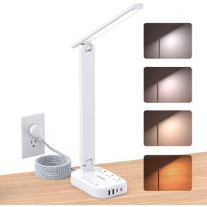 One Beat Small LED Desk Lamp Power Strip 10ft Extension Cord, 3 Outlets 4 USB Ports(2 USB C), 4 Modes, 5 Level Touch Lamp, Study Reading Light, Home Office Bedroom College Dorm Room Essentials, White