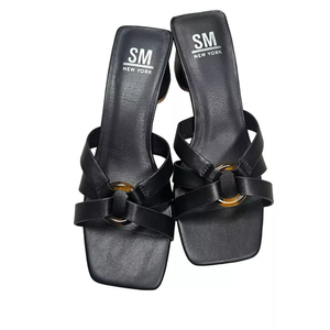 SM New York Jordan NIB Strappy Black Brown Heeled Sandals Open Toe Block Heel Womens 6