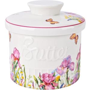 Ceramic Butter Crock With Water Line, Keeper for Counter, French Dish With Lid for Spreadable Fresh Butter (Spring Pink)