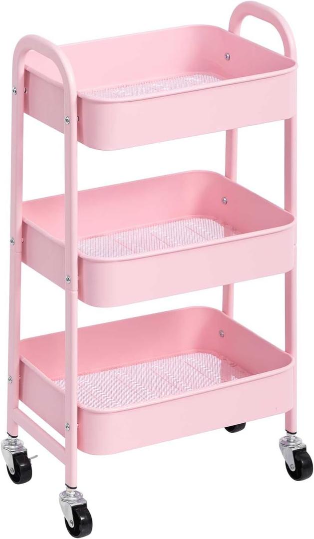 AGTEK 3 Tier Utility Rolling Cart with Lockable Wheels, Metal Multifunctional Storage, Organizer Cart for Kitchen, Office, Living Room, Makeup, Craft, Art Studio, Pink