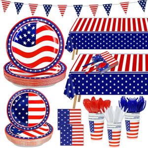 243Pcs 4th of july Decorations - Serve 30 - American Flag Patriotic Party Supplies Set Tablecloth Napkins Plates Cups Red White Blue Spoons Knife Forks Banner Straws Independence Day Party Tableware