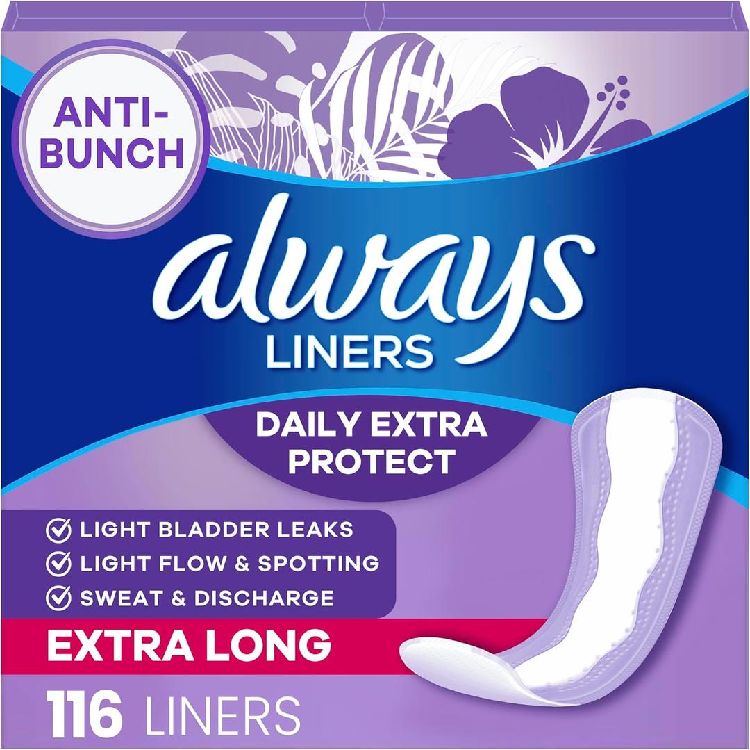 Always Daily Extra Protect Liners, Extra Long Length, Unscented Panty Liners, 116 Count