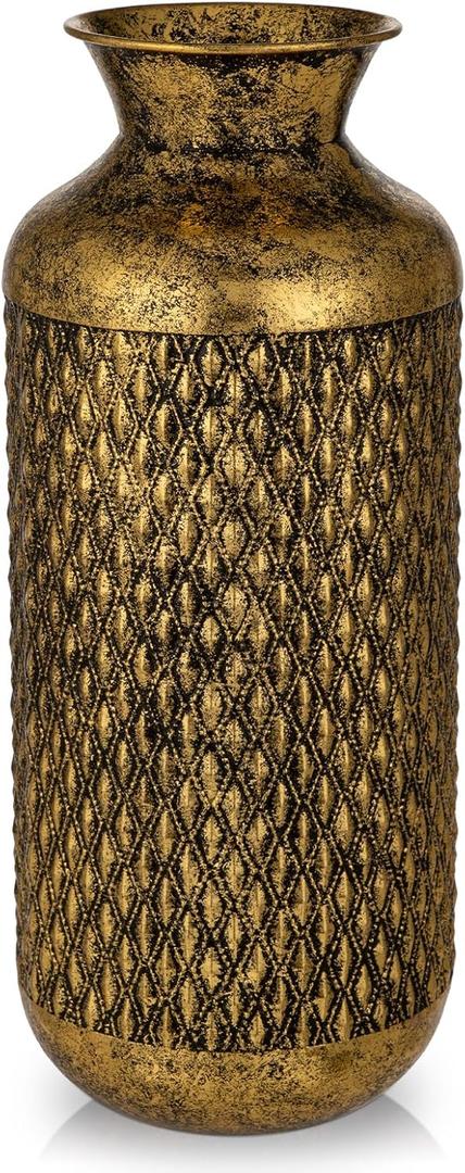 Flower Vase Rustic Metal Vases, 16" Black and Gold Pattern Vase for Farmhouse Home Dcor Artificial Flowers and Centerpieces