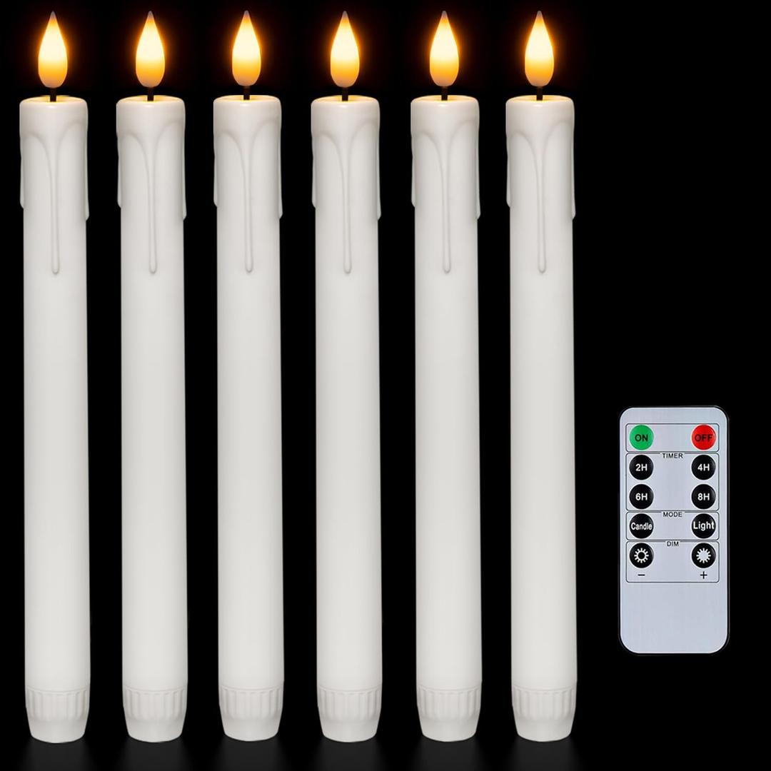 6 Pcs Flameless Taper Candles with Remote, Timer, Dimmer, 9.6 Inches Plastic White Led CandleSticks with Flickering Light, Battery Operated Window Candles for Halloween Christmas Decoration