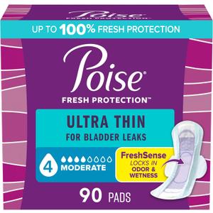 Poise Ultra Thin Incontinence & Postpartum Pads with Wings for Bladder Leaks, 4 Drop Moderate Absorbency, Regular Length, 90 Count, Packaging May Vary