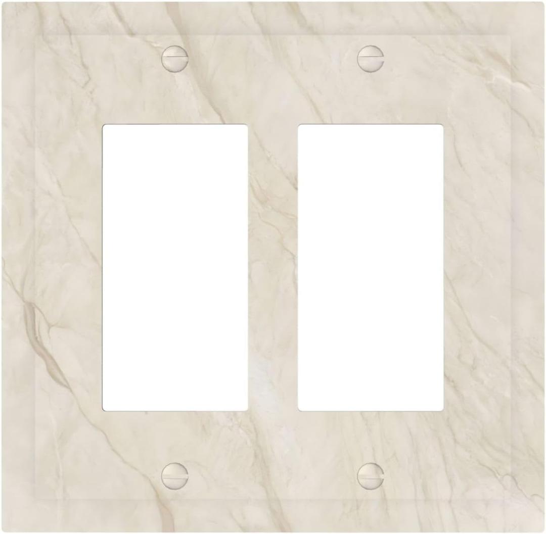 White Taupe Marble Abstract Luxury Decorative Outlet Covers 2 Gang Double GFCI Rocker Electrical Wall Panels Light Switch Cover Plate for Bathroom Kitchen Home Decor (Double Rocker / 4.9 X 5 IN)