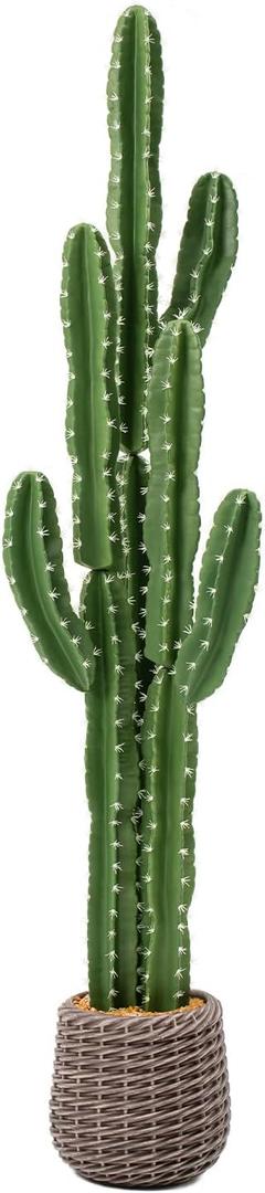 UV-Resistant Artificial Fake Cactus Plants 5ft – Tall Fake Cacti Outdoor Tree with Brown Decorative Planter – Large Faux Tropical Cactus for Indoor & Outdoor Home, Office, or Garden Decor
