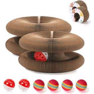 2 PCS Magic Organ Cat Scratcher Board with 6 Balls, Foldable Recyclable Accordion Cats Toy with Ball and Track Adventure, Cat Scratching Pad, Retractable Reversible Furniture Protector(Brown)