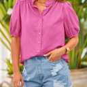 PRETTYGARDEN Women's 2026 Summer Button Down Shirts Short Lantern Sleeve V Neck Cotton Cute Tops Dressy Casual Blouses (M)