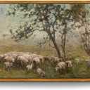 crmotu Vintage Framed Wall Art, Animal Landscape Canvas Prints, Prairie Sheep Rustic Farmhouse Decor Pictures, French Country Retro Paintings Wall Decor Living Room Bedroom Bathroom Kitchen 16x24in