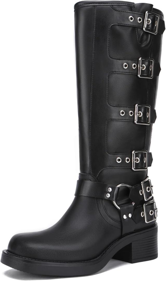 7 x Athlefit Women's Knee High Riding Boots Fashion Buckle Square Toe Chunky Heel Wide Calf Biker Boots (Black)