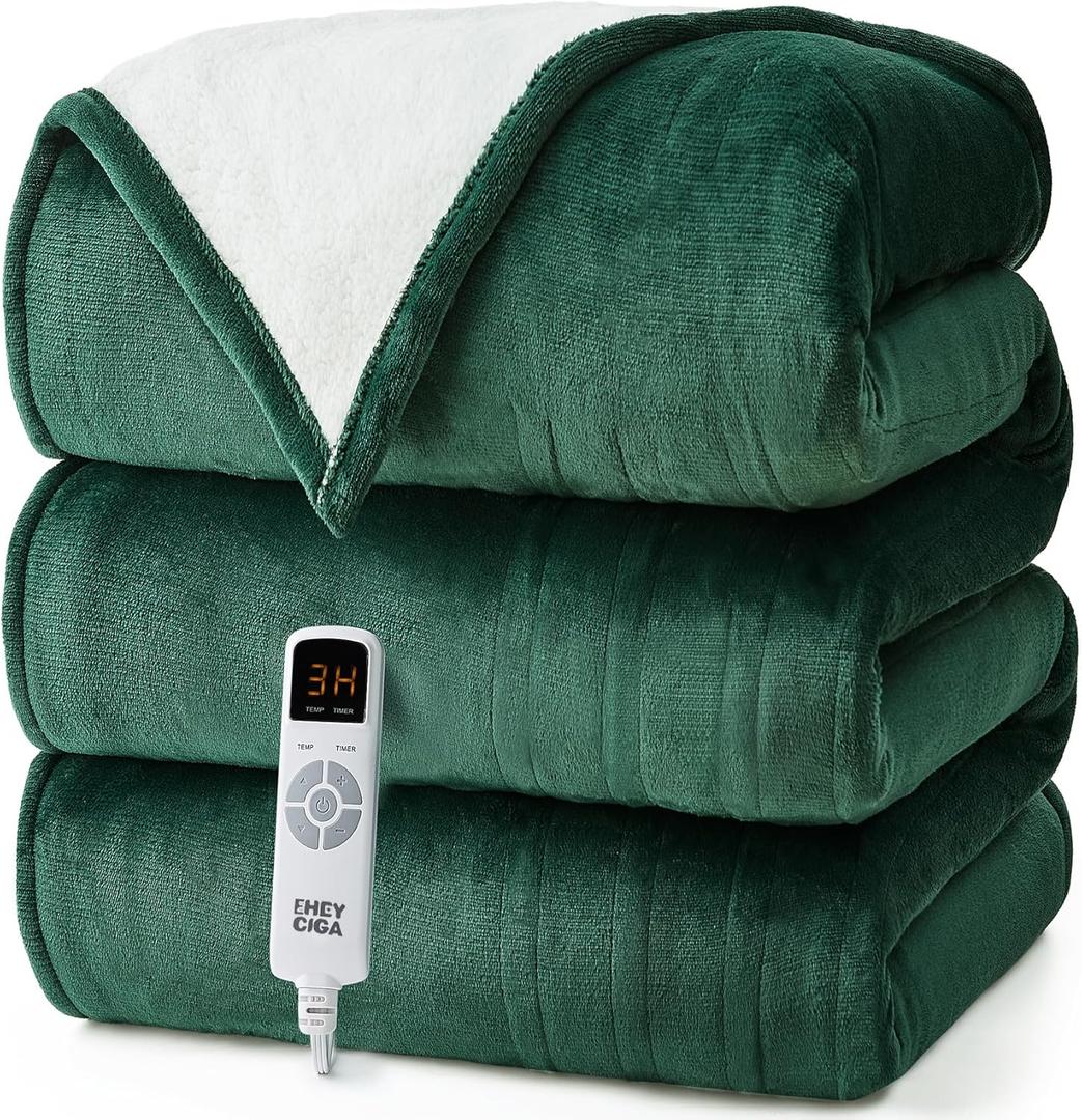 EHEYCIGA Electric Heated Blanket Throw - 9 Heating Levels, 10 Hours Auto Off, Soft Cozy Sherpa Washable With Fast Heating, 50 x 60 Inches (Dark Green)
