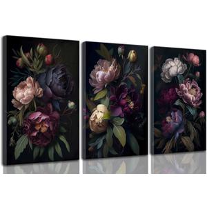 3 Pcs Moody Floral Canvas Wall Art Vintage Dark Peony Flowers Botanical Still Life Painting Picture Wall Decor Poster Print Artwork for Living Room Bedroom Women Room Home Decoration (24L" x 16W")