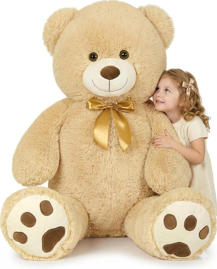 MaoGoLan Giant Teddy Bear Stuffed Animal, 39" Large Tan Teddy Bear Plush Toy with Cute Bow Tie & Footprints, Soft Sunggle Bear Plushies Gift for Kids Grilfriend Wife on Christmas Birthday Baby Shower