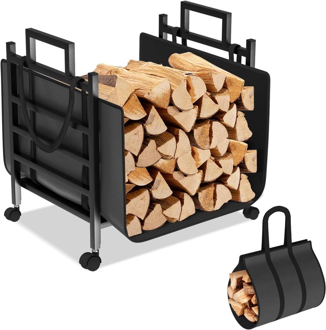 Firewood Rack Indoor/Outdoor, 17.6 Inch Fire Wood Holder - Metal Wood Storage Log Holder with Wheels, Log Carrier Bag & Adjustable Foot Pads, Small Firewood Stand for Fireplace Patio Decor