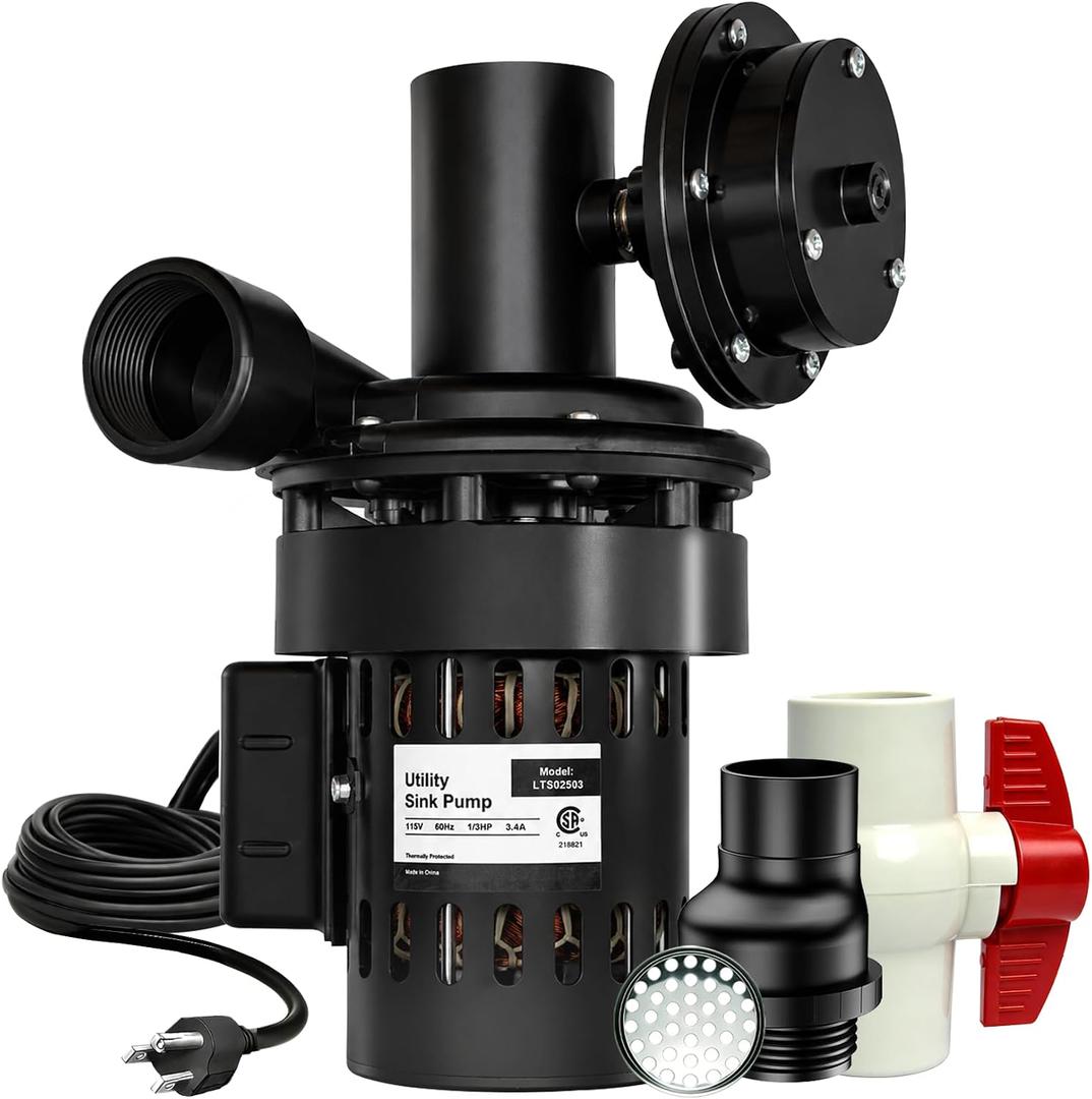 Automatic Utility Sink Pump 1/3 HP Directly Installed Under Sink, Gravity-free Drainage utility pumps for Laundry & Basement, Drain Screen, Check Valve and Ball Valve(115V)