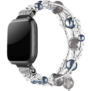 Simpeak Bracelet Elastic Band Compatible with Fitbit Versa/Versa 2/Versa Lite/Versa SE Smartwatch Only, Women Beaded Pearl Band Replacement for Fitbit Versa 2/Lite/SE, Black Grey