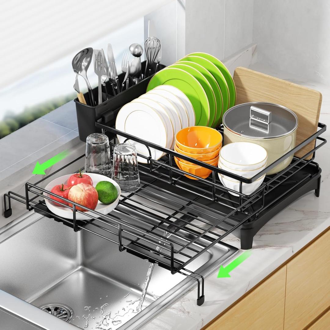 Expandable Dish Drying Rack, Stainless Steel Over Sink Dish Drainer for Kitchen Counter, Rust-Proof Dish Strainer with Utensil Holder, Large Adjustable Dish Racks with Automatic Drainage, Black