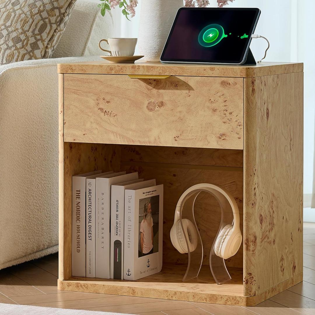Awescuti Burl Finish Nightstand with Charging Station - Farmhouse Bedside Table with USB & 2 Outlets, Night Stand with Drawer and Large Open Shelf, Vintage Dresser for Bedroom, 1 Drawer