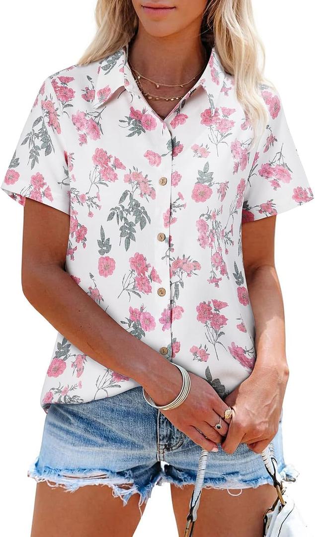 siliteelon Womens Button Down Shirts Short Sleeve Summer Linen V Neck Collared Hawaiian Floral Print Casual Blouse Tops (XS)