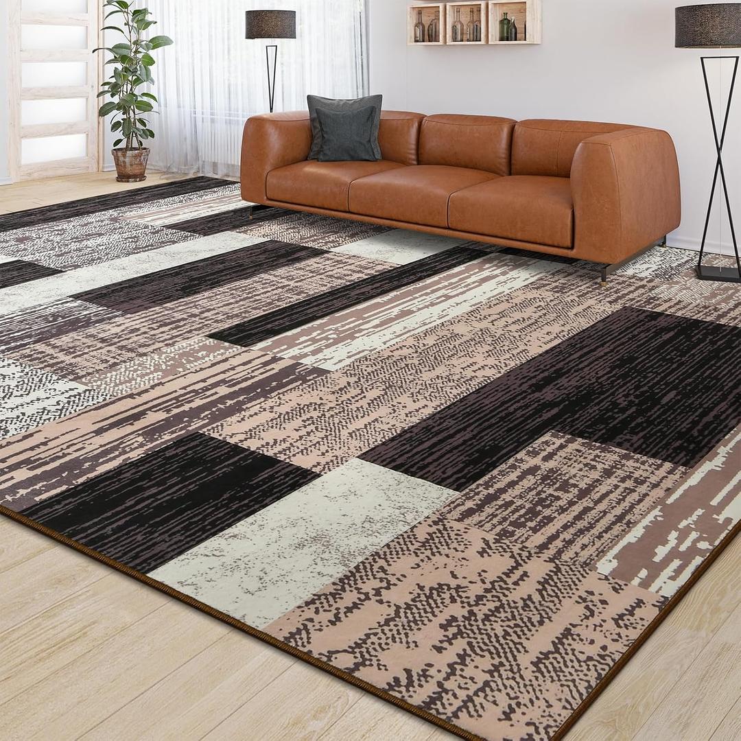 Large Area Rugs,Modern Geometric Patchwork Floor Decor for Bedroom Aesthetic Carpet, Rockwood Collection, Indoor Rugs for Living Room Dining Room Nursery Office Machine Washable Rug, 9x12 Ft Chocolate