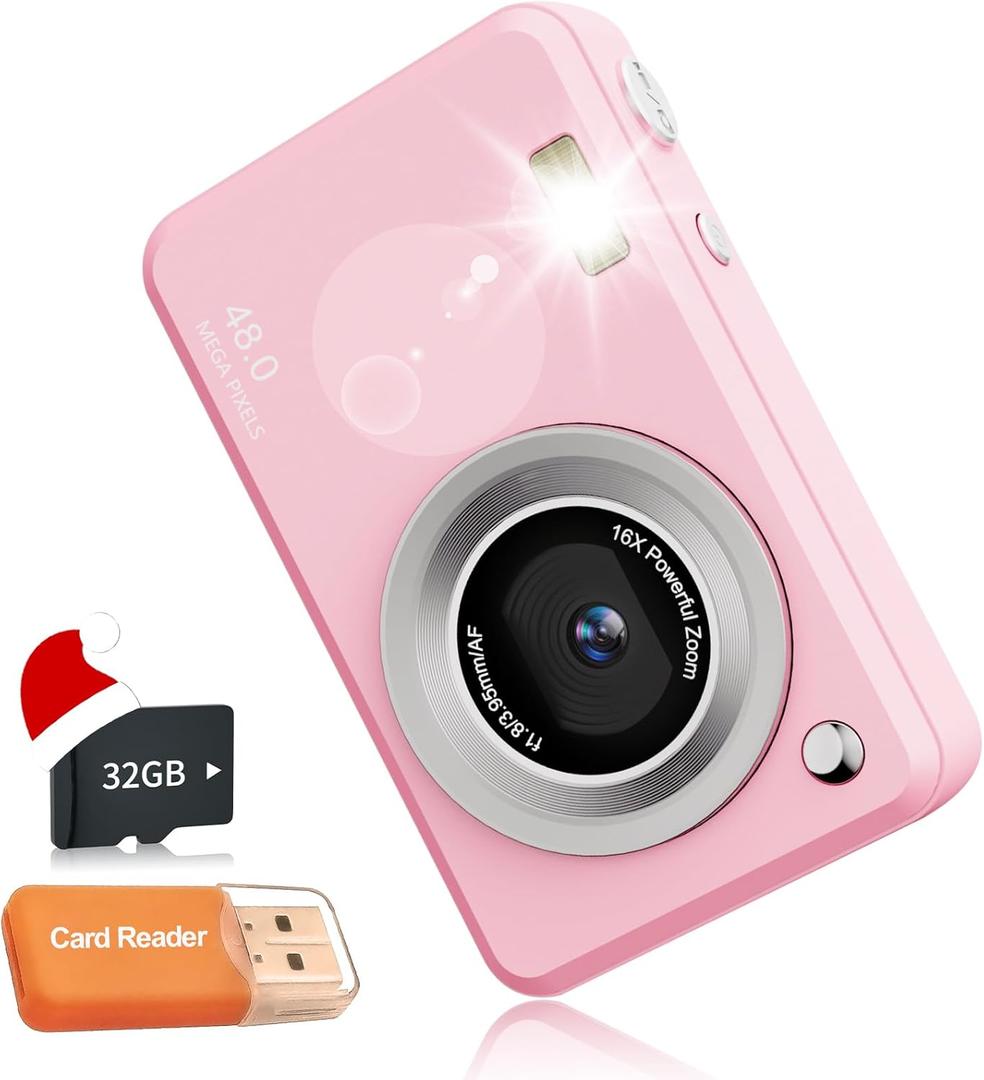 Digital Cameras FHD Camera for Kid Boys Girls Compact Digital Point and Shoot Camera with 16X Zoom 32GB Card Kids Camera for Kids (Pink)