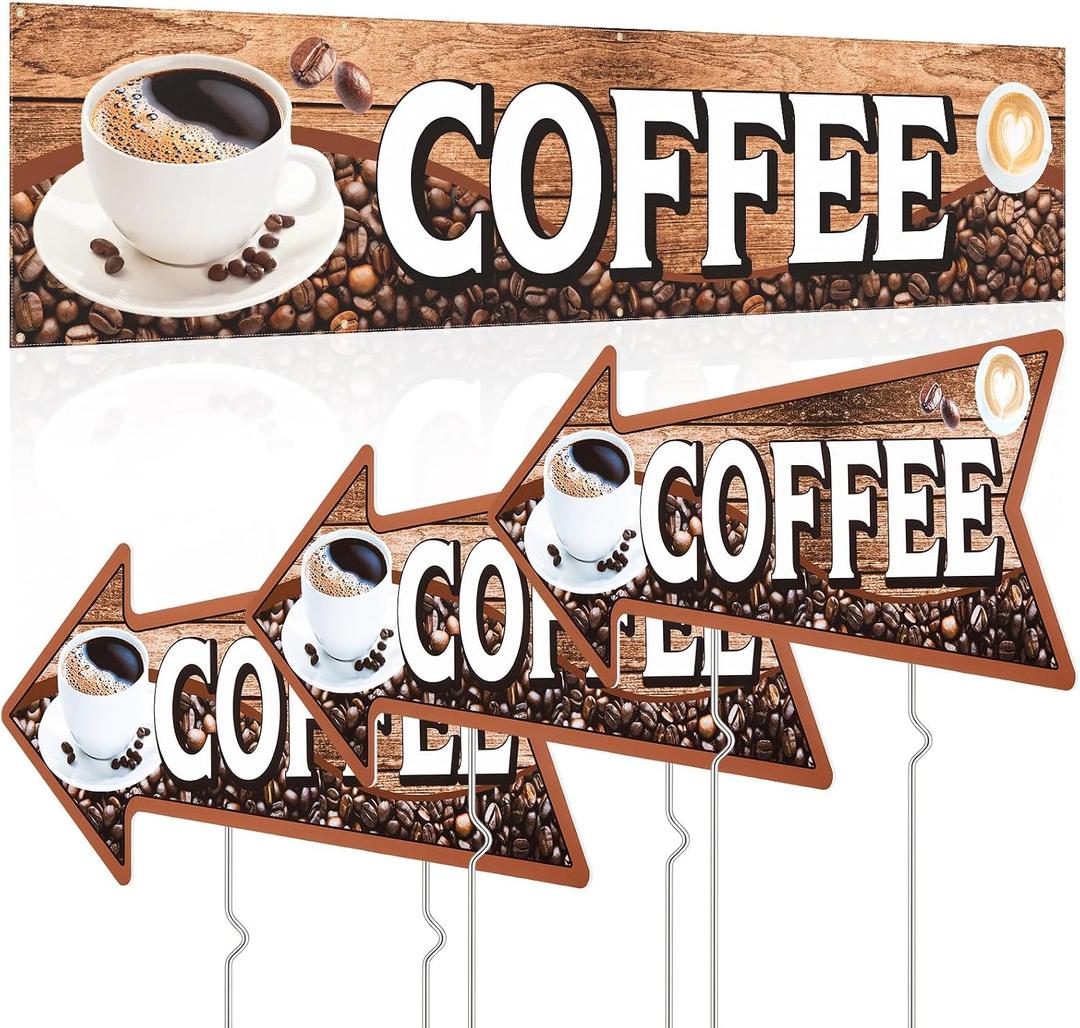 Tegeme 4 Pack Coffee Stand Supplies 1pcs 2x10 ft Banner and 3 Pcs Coffee Yard Signs with Metal Stakes Double Sided Print for Advertising Business Store Decor Home Lawn Outdoor