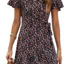 Naggoo Women's Summer Wrap Dresses V Neck Polka Dot Print Ruffle Short Sleeve Mini Floral Boho Dress with Belt (Black Red Floral, M)