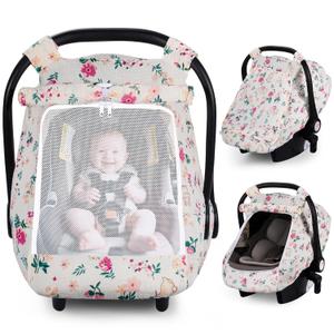 Rquite Muslin Car Seat Cover Baby Girl, Mesh Window Infant Carseat Canopy | Breathable Muslin Cotton, Large Mesh Window, Universal Stroller Sun Shade Windproof Covers for Summer Warm Weather, Rabbit