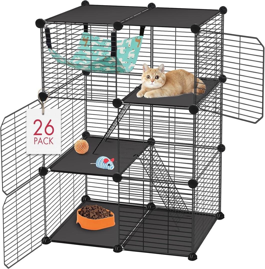 Cat Cage, 3-Tier DIY Catio Cat Enclosures, 24" x 16" x 36" Cat Playpen Indoor & Outdoor with Hammock, Detachable Metal Wire Kennel Cats Crate, 2x1x3 Exercise Place for 1-2 Kitten