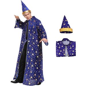 Wizard Costume Cloak And Hat Halloween Magic Wizard Cloak Robe For Adult (XX-Large, Blue)