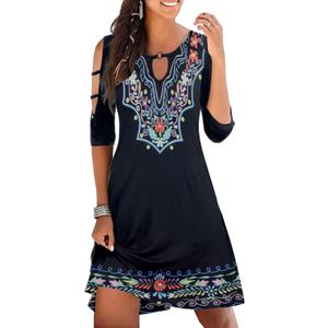 Women's Summer Short Sleeve Cold Shoulder Plain Swing Casual T-Shirt Dress Floral Beach Cover Up Dresses with Pockets (Medium, 1 Boho Floral 2)